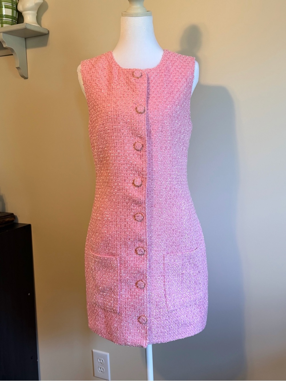 Endless Rose Sleeveless Tweed Mini Dress in Pink - Size Medium